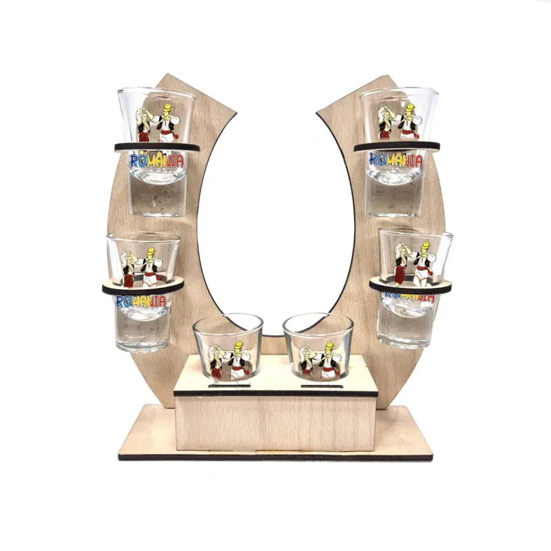 Tarani port popular romania, suport potcoava din lemn cu 6 pahare tip shout, model hgs042